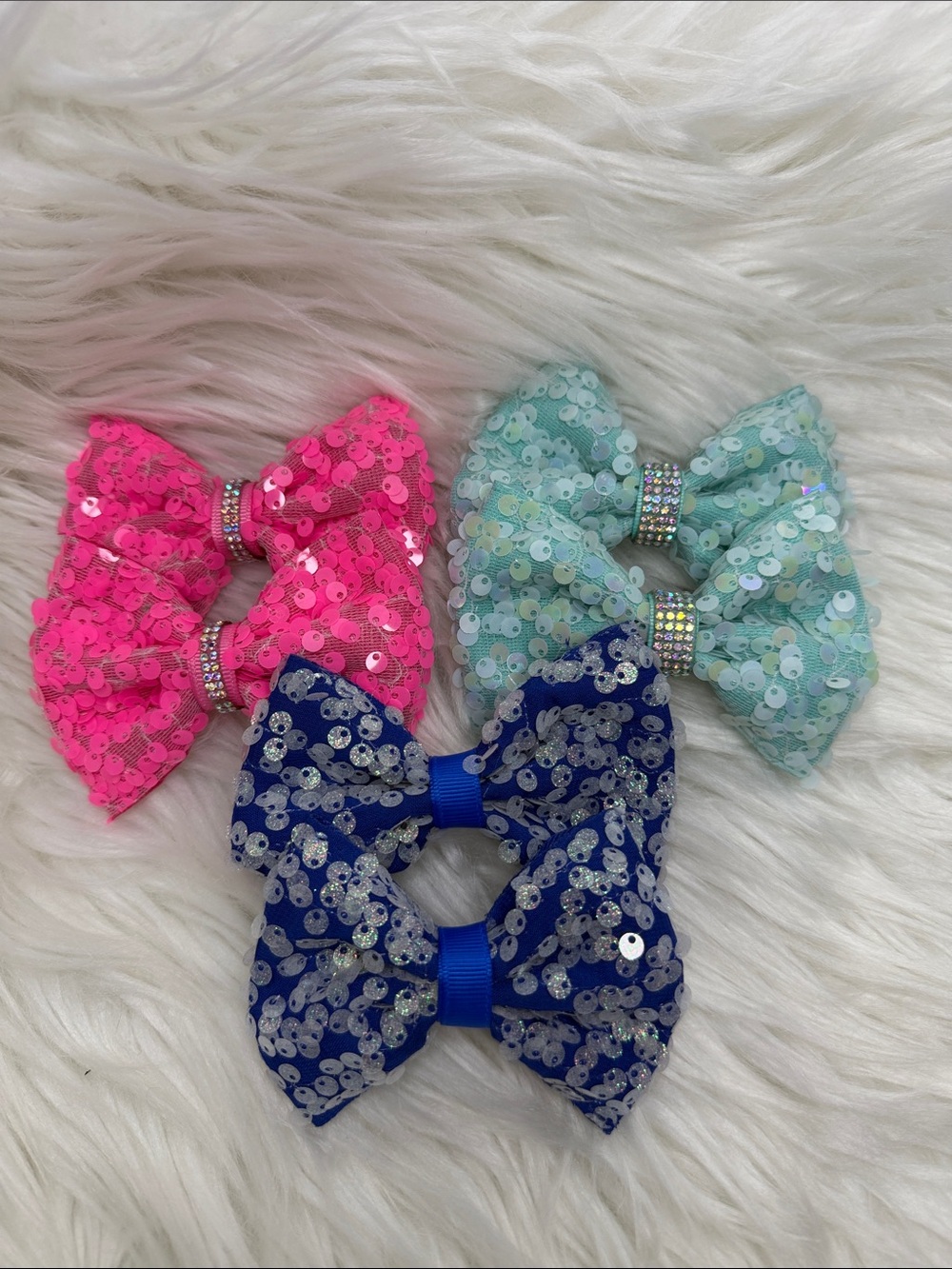 Hand Crafted Sequined Bow Clips in Hot Pink, Mint & Royal Blue bundle